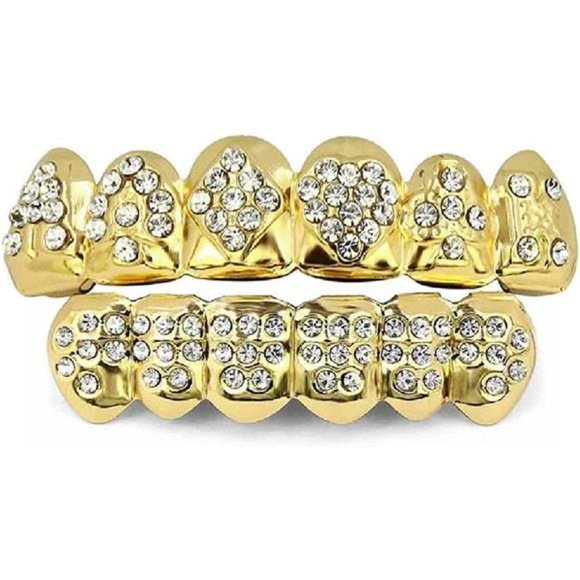 18K Plated Gold Grills Teeth Grillz Men Iced Out Hip Hop Diamond Top & Bottom - Picture 1 of 6